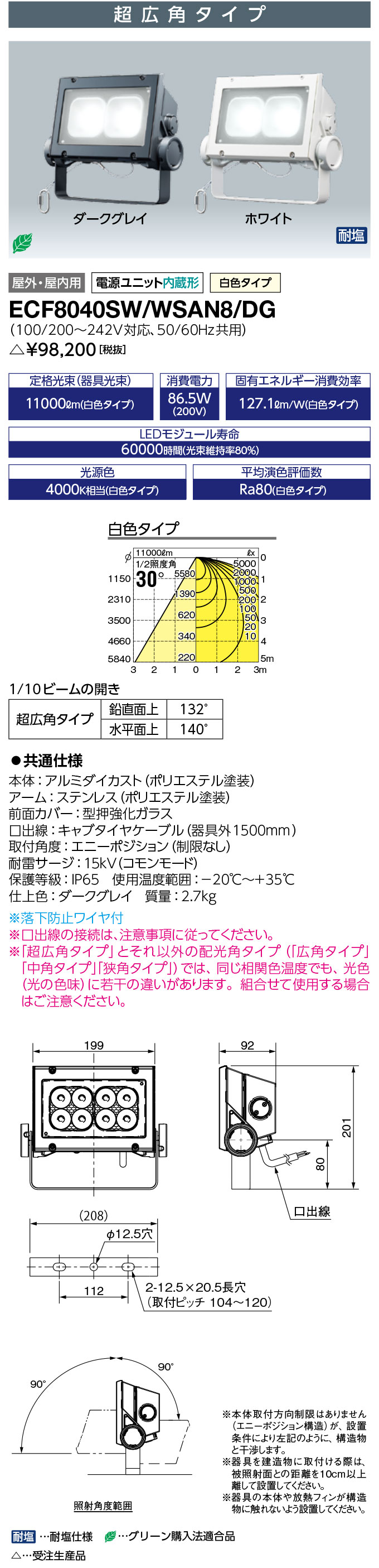 送料無料　ポイント2倍 岩崎電気 ECF8040SW/WSAN8/DG LED投光器 レディオック フラッド ネオ 80クラス 超広角タイプ 白色タイプ 受注生産品 (ECF8040SWWSAN8DG)