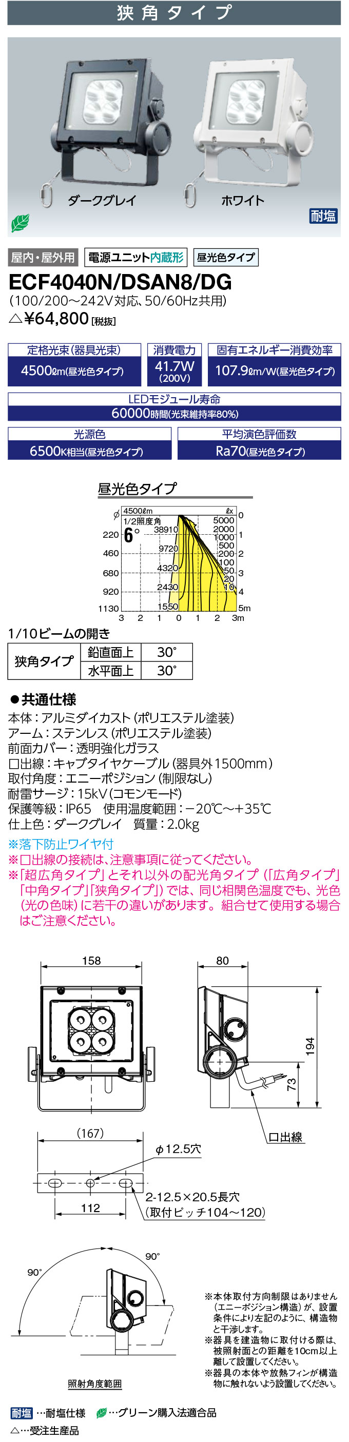 岩崎電気 ECF4040N/DSAN8/DG　LED投光器 LEDioc FLOOD NEO (レディオック フラッド ネオ) 40クラス 狭角タイプ 昼光色タイプ (ECF4040NDSAN8DG) 受注生産品