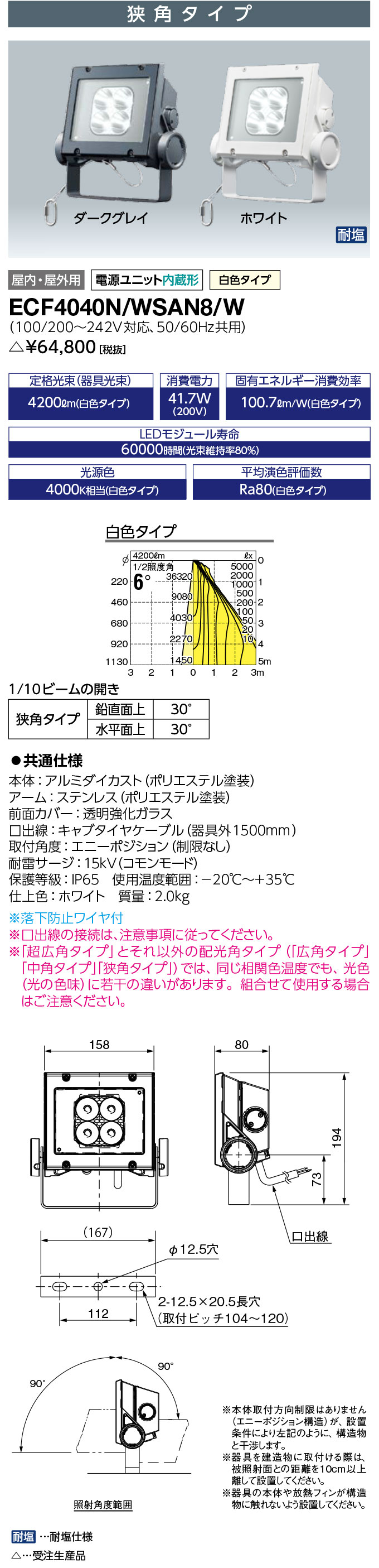 岩崎電気 ECF4040N/WSAN8/W LED投光器 LEDioc FLOOD NEO (レディオック フラッド ネオ) 40クラス 狭角タイプ 白色タイプ (ECF4040NWSAN8W) 受注生産品