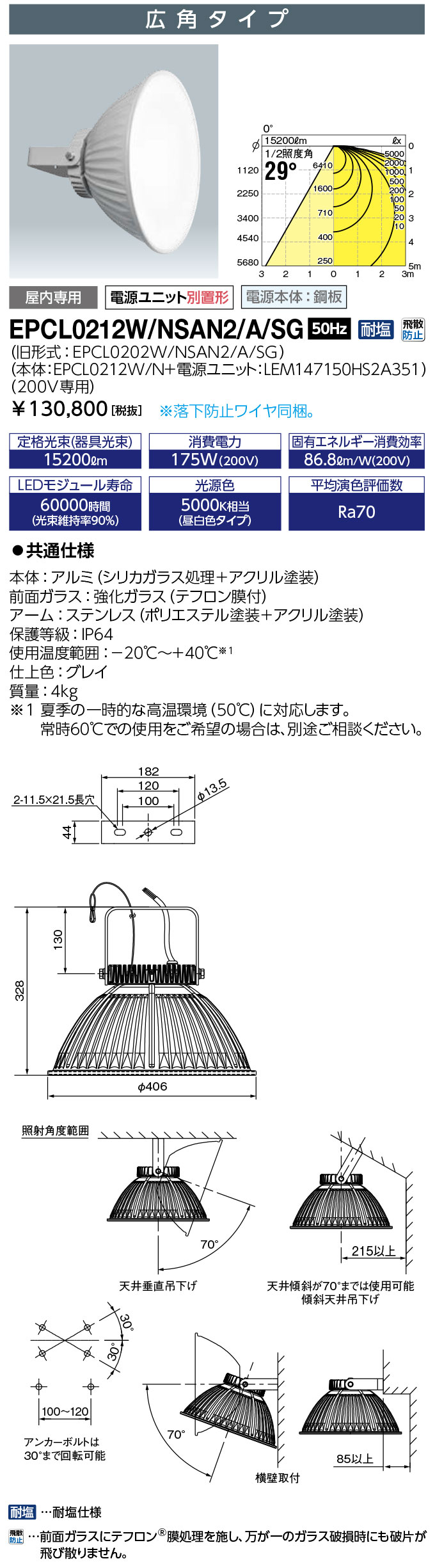 ポイント2倍 岩崎電気 EPCL0212W/NSAN2/A/SG 屋内プール用 LED投光器 LEDioc μs (レディオック ミューズ) 広角タイプ (EPCL0212WNSAN2ASG)