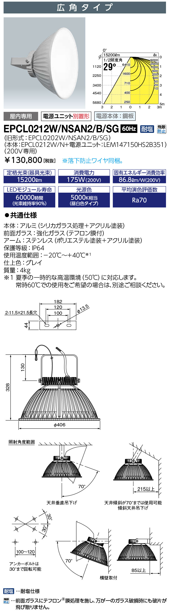 ポイント2倍 岩崎電気 EPCL0212W/NSAN2/B/SG 屋内プール用 LED投光器 LEDioc μs (レディオック ミューズ) 広角タイプ (EPCL0212WNSAN2BSG)
