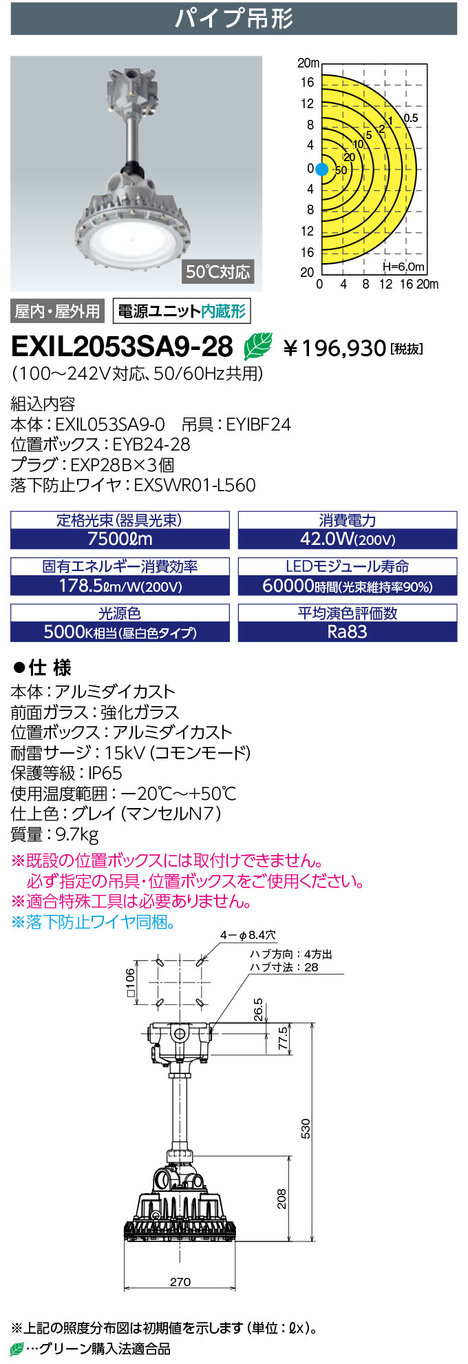 岩崎電気 EXIL2053SA9-28 LED防爆形照明器具 LEDioc EX DIO Z1 マーキュリー灯 400W好いかげんに 配管吊形 こしき大きさ28 (EXIL2053SA928)