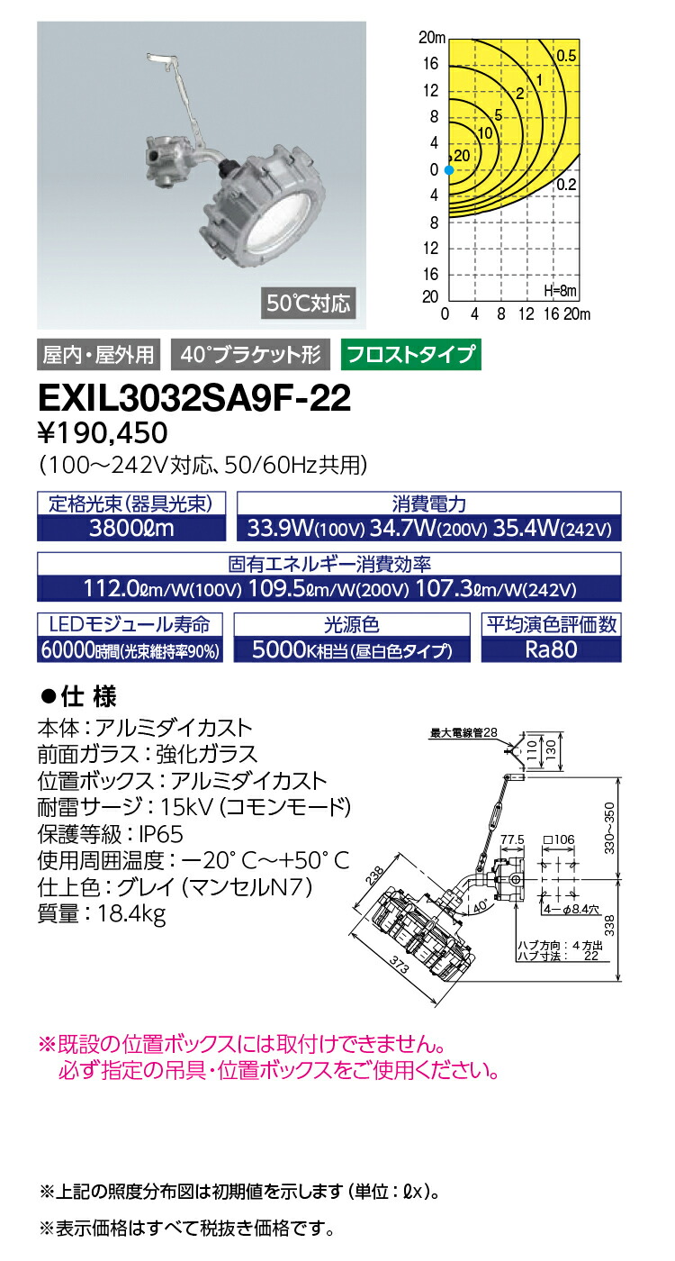 岩崎電気 EXIL3032SA9F-22 レディオック 防爆形LED高天井照明器具 水銀灯 250W相当 40°ブラケット形 フロストタイプ ハブ寸法22 (EXIL3032SA9F22)
