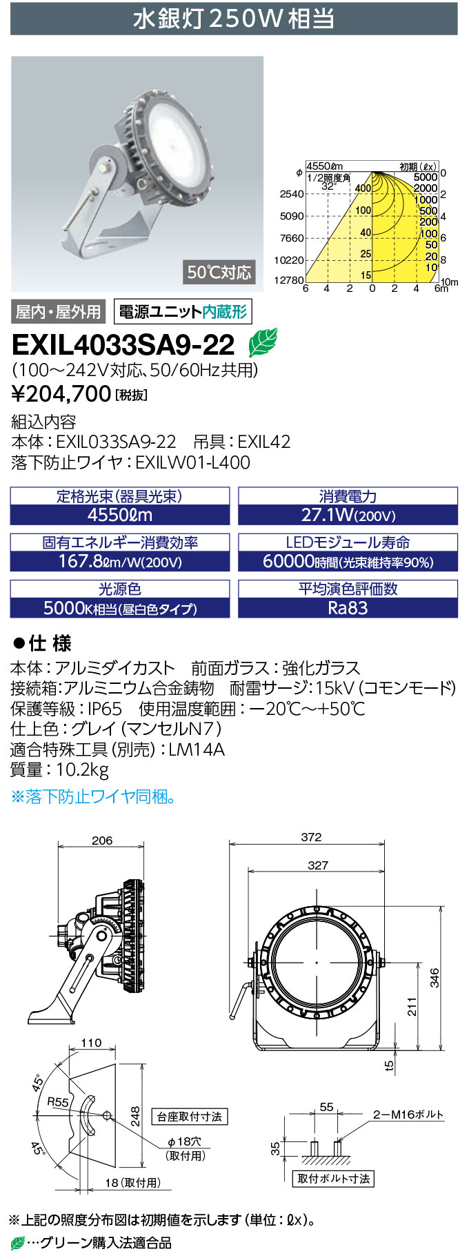 岩崎電気　EXIL4033SA9-22　LEDioc EX DIO Z1 投光器タイプ (レディオック EX ディオZ1) 水銀灯250W相当　(EXIL4033SA922)