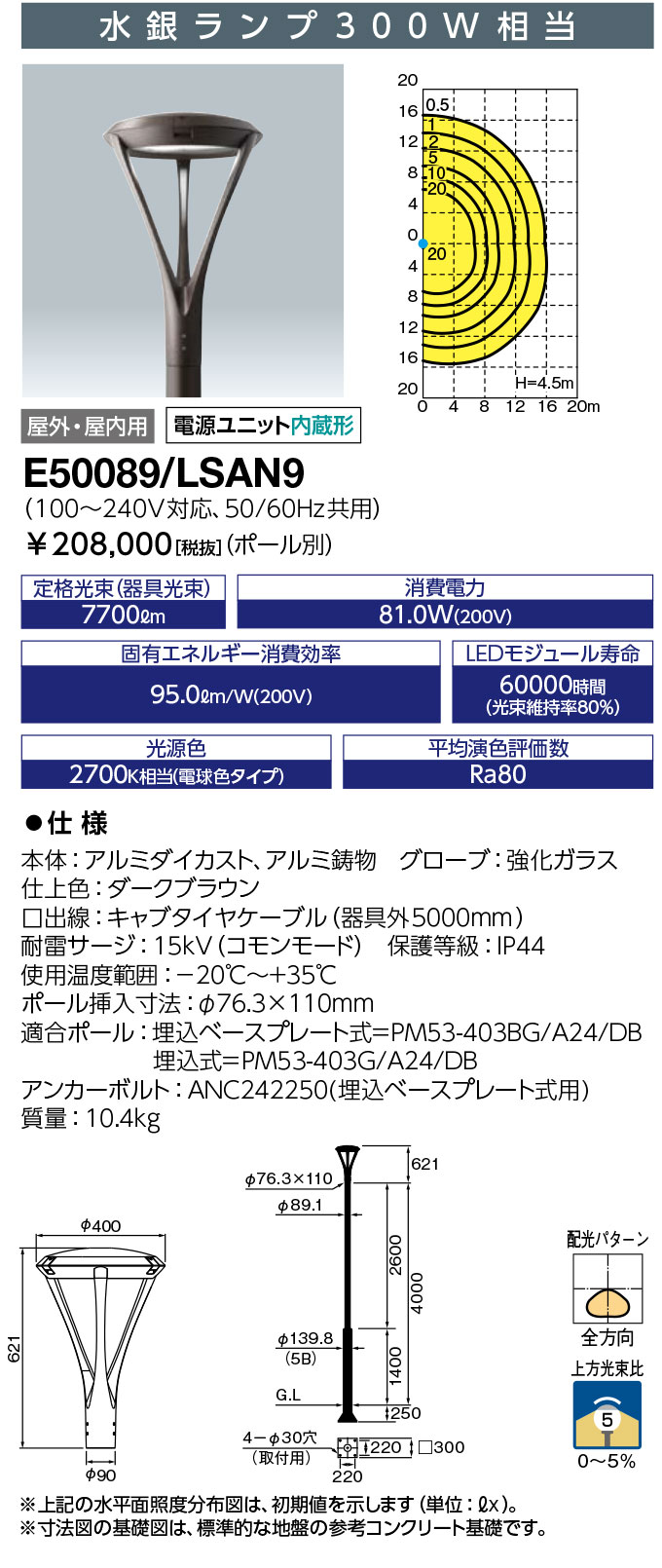 岩崎電気 E50089/LSAN9 LEDポールライト レディオック エリア ラムス 水銀ランプ300W相当 電球色タイプ (E50089LSAN9)