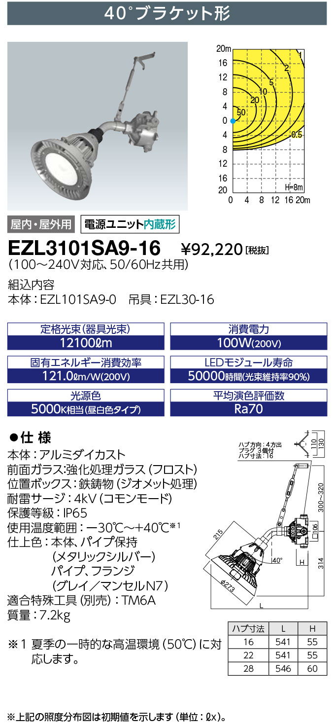 岩崎電気 EZL3101SA9-16 レディオック 密閉形LED高天井用照明器具 水銀灯400W相当 40°ブラケット形 ハブ寸法16 (EZL3101SA916)