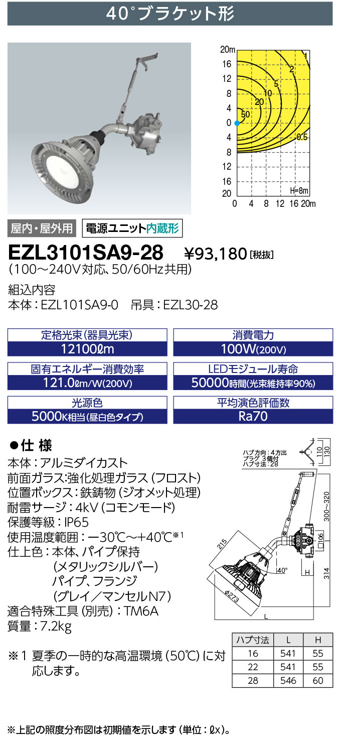 岩崎電気 EZL3101SA9-28 レディオック 密閉形LED高天井用照明器具 水銀灯400W相当 40°ブラケット形 ハブ寸法28 (EZL3101SA928)