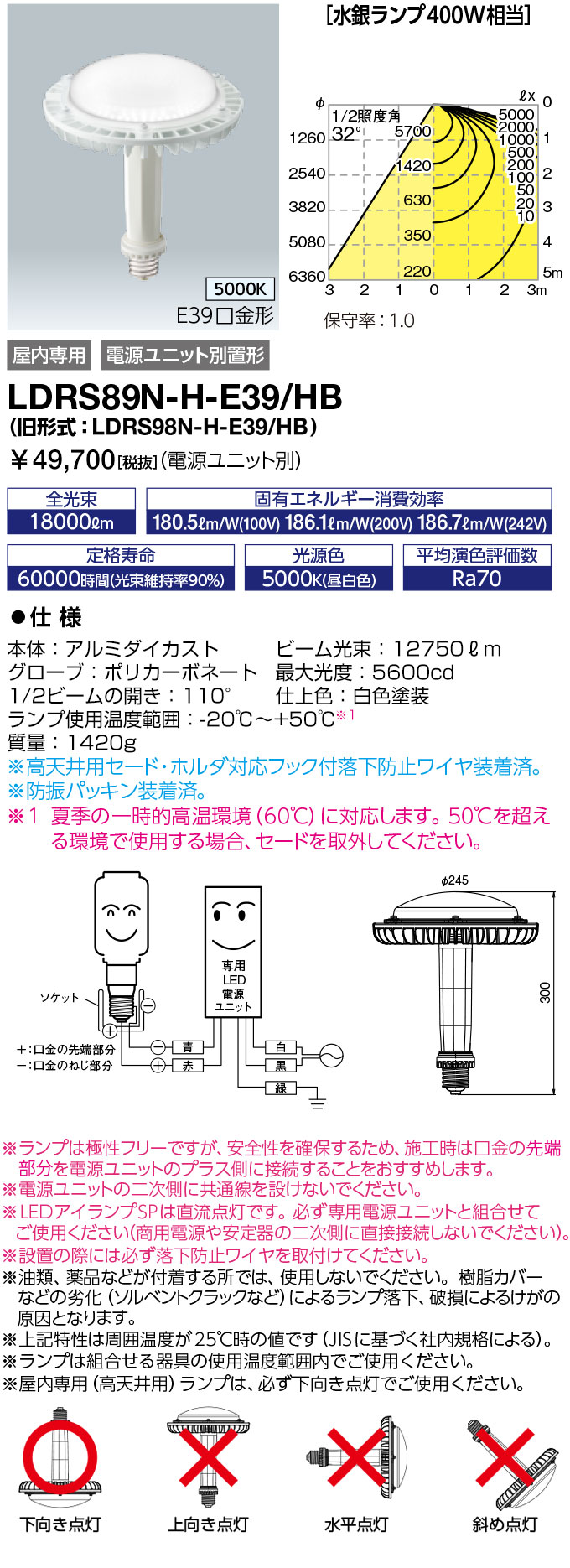 岩崎電気 LDRS89N-H-E39/HB LEDioc LEDアイランプSP 89W (昼白色) 〈E39口金〉 水銀ランプ400W相当 クラス1500 (LDRS89NHE39HB)｜てかりま専科