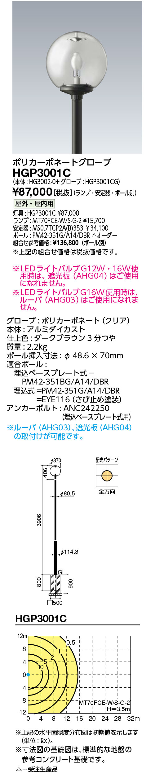 岩崎電気 HGP3001C 組み合わせ 「HG3002-0 + HGP3001CG」  HIDポールライト (グローブタイプ)  ポリカーボネートグローブ