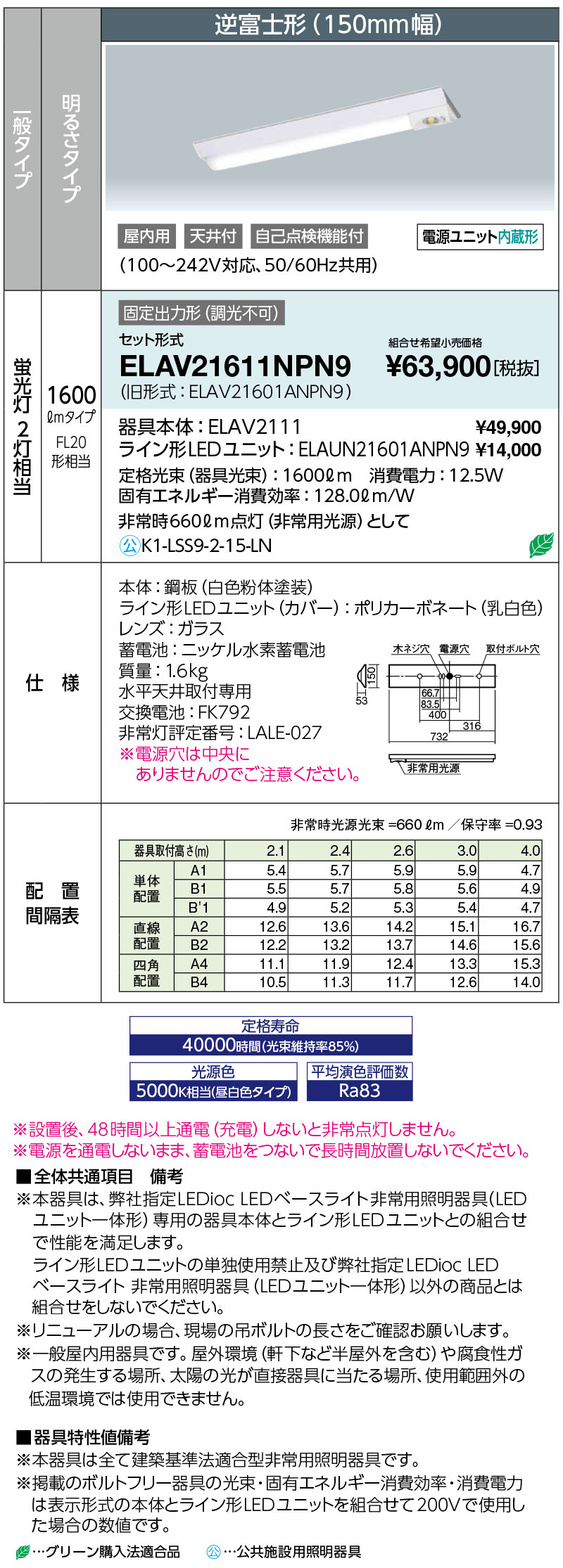岩崎 ELAV21611NPN9 レディオック LEDベースライト 非常用照明器具(LEDユニット一体形)