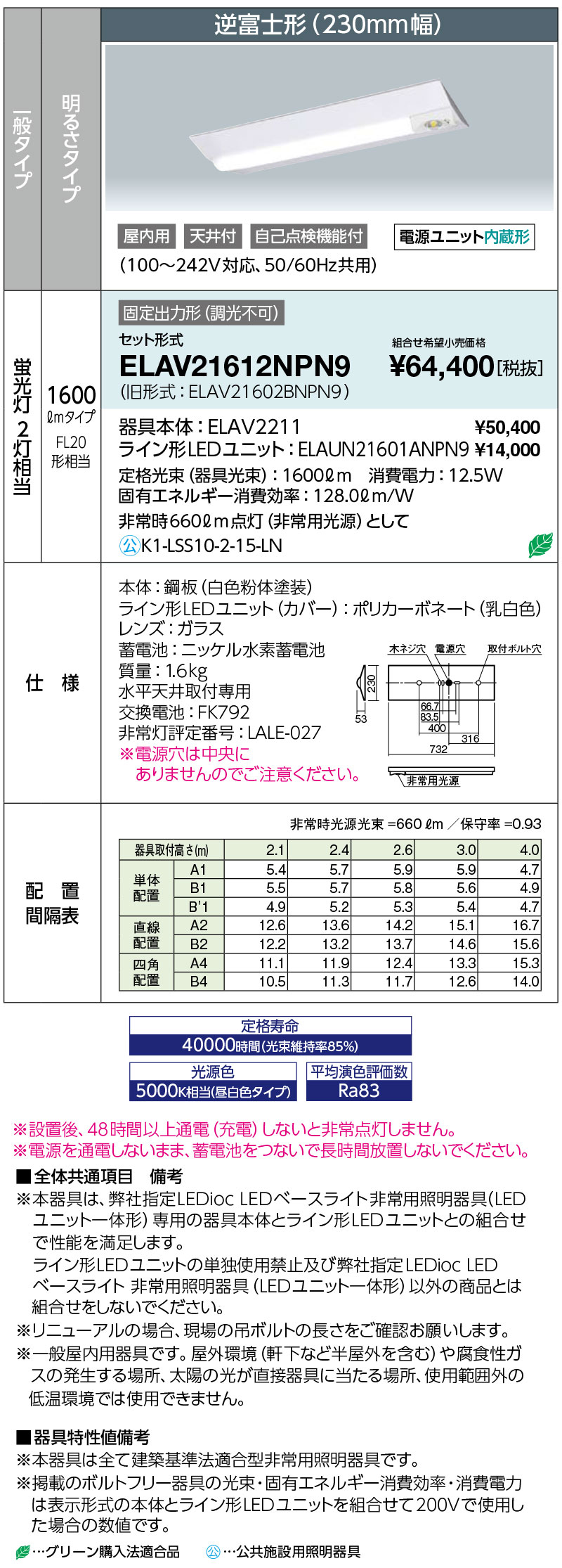 岩崎 ELAV21612NPN9 レディオック LEDベースライト 非常用照明器具(LEDユニット一体形)