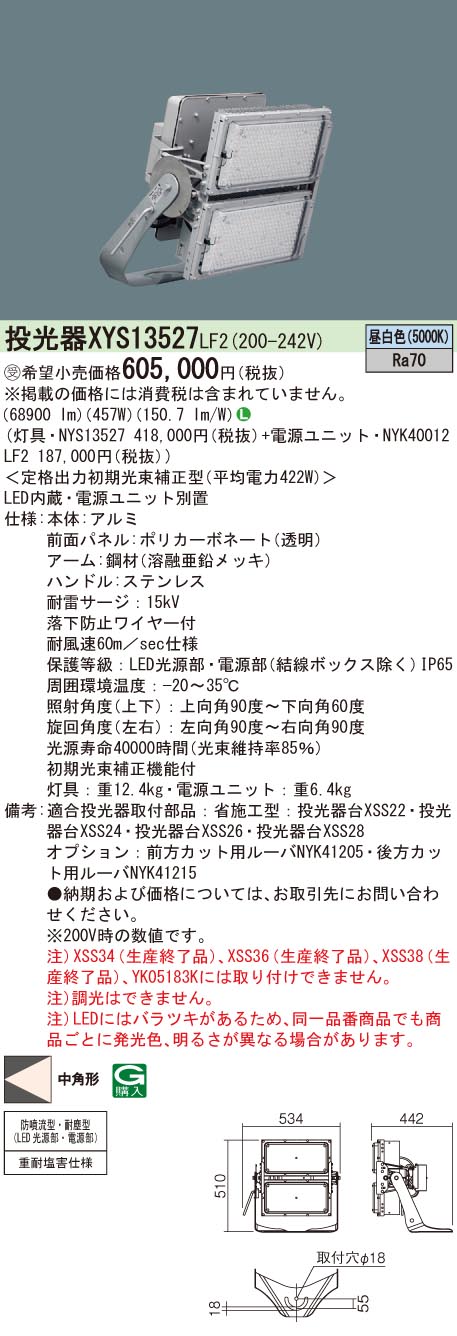 お取り寄せ 納期返事をする致します パナソニック XYS13527 LF2  (XYS13527LF2)   運動場光束LED写真用照明 受注生み出すこと品  取り合わせ (NYS13527 + NYK40012LF2) その他-ライト・照明器具