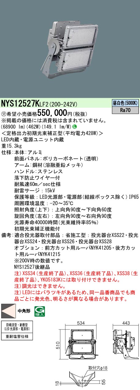 パナソニック NYS12527K LF2 壁直付型・据え置き滑りだし型 地びた光束LED写真用照明 1/10光束角26度・狭角形 1000形 (NYS12527KLF2) 受注生み出すこと