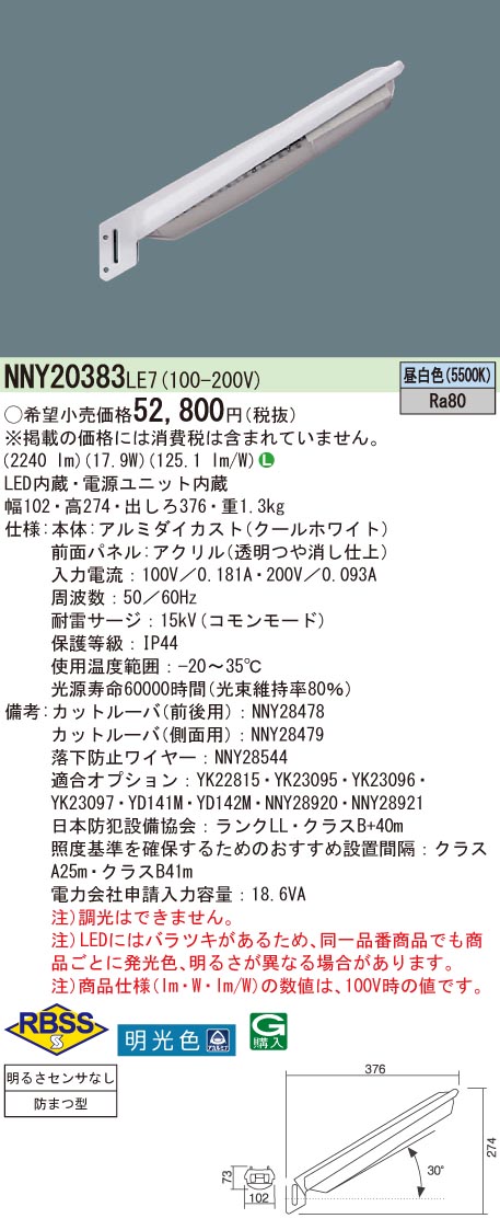 楽天市場】お取り寄せ(発送にお時間をいただく商品です）納期回答致します LED防犯灯 NNY20368LE1 （NNY20368 LE1） 昼白色 :  てかりま専科