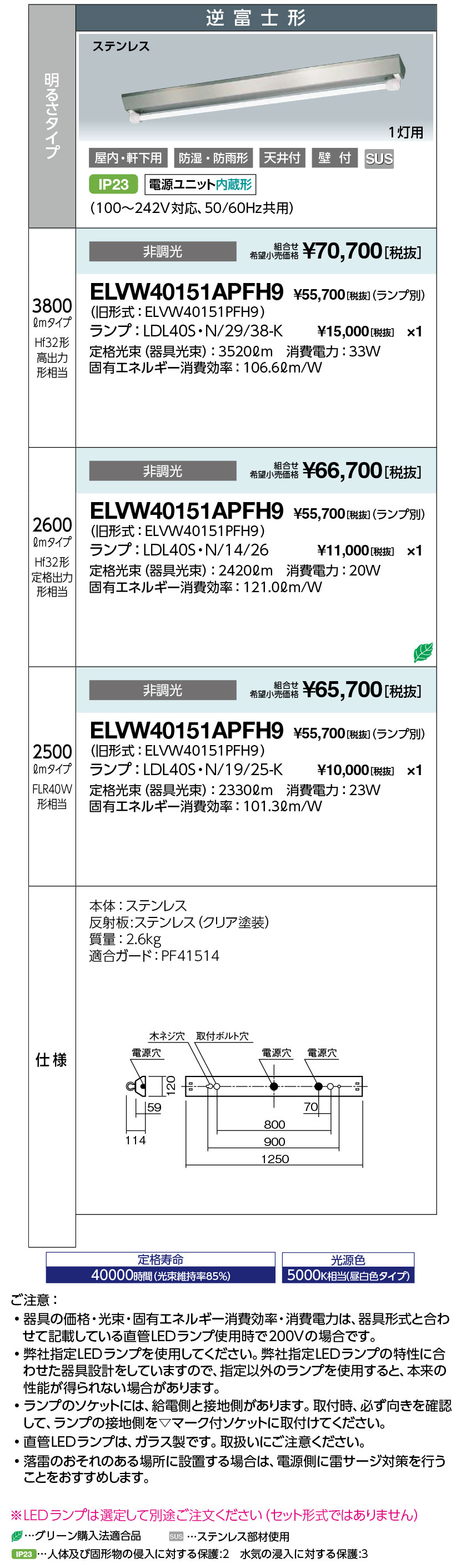 岩崎電気 ELVW40151APFH9 防雨形・防湿形直管LED照明ランプLDL40用軍事基地ともし火 逆富士形 ステンレス鋼 1灯用 非調光
