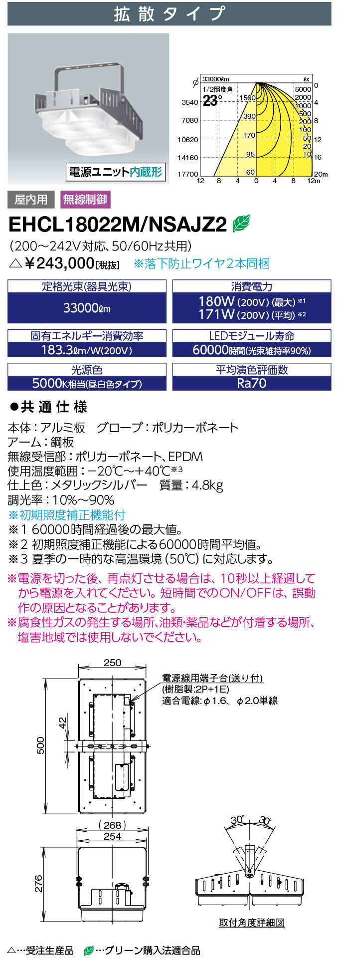 岩崎 EHCL18022M/NSAJZ2 高天井器具 LEDiocHIGH-BAYΓ 無線調光形 (EHCL18022MNSAJZ2)