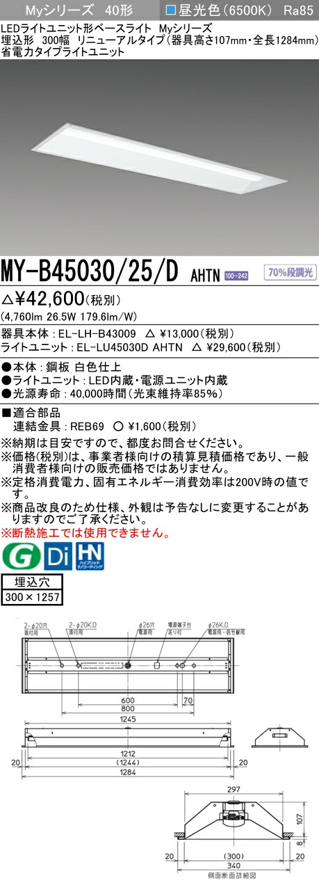 「法人・人間迎え入れる」 三菱MY-B45030/25/D AHTN 埋込形底面開放的300幅 手道具高さ107粍 昼光色（5200ルーメン）FHF32形x2灯手道具 定格最終生産物好いかげんに くっ付ける最終生産物 埋込穴300X1257
