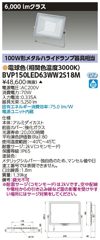 東芝 BVP150LED63WW2S18M LED小型投光器 受注生産