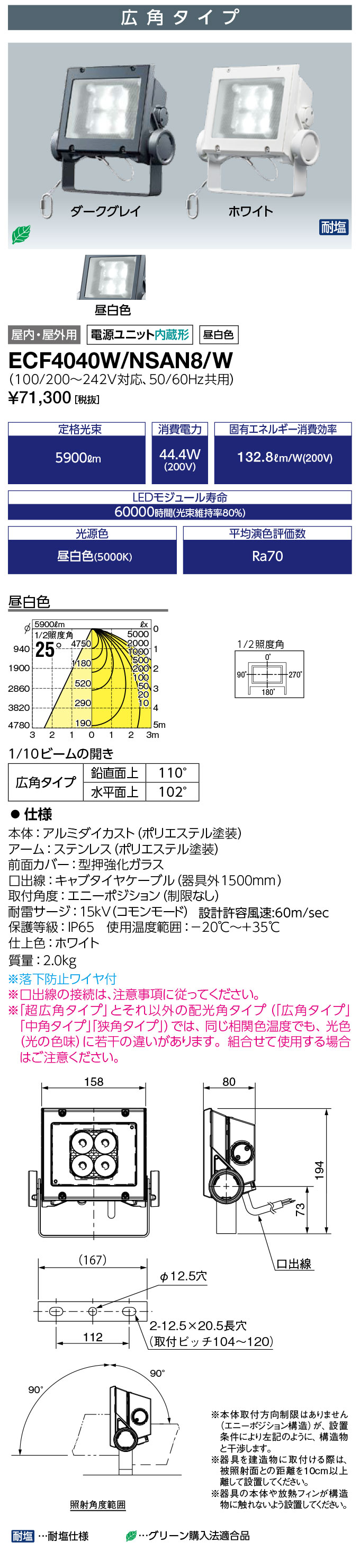 送料無料　ポイント2倍 岩崎電気 ECF4040W/NSAN8/W (ECF4040WNSAN8W) (レディオック フラッド ネオ) 40クラス 広角タイプ 昼白色タイプ 旧形式：ECF0496N/SAN8/W 26,327円