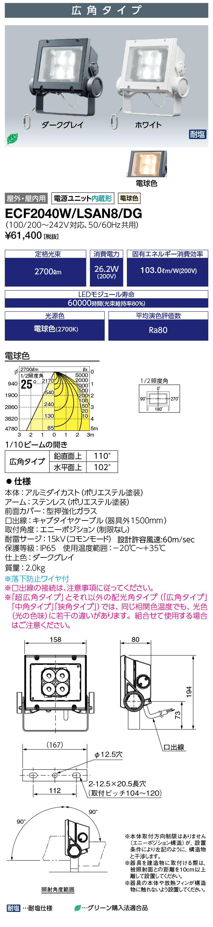 送料無料　ポイント2倍 岩崎電気 ECF2040W/LSAN8/DG (ECF2040WLSAN8DG) (レディオック フラッド ネオ) 20クラス 広角タイプ 電球色タイプ 旧形式：ECF0396L/SAN8/DG