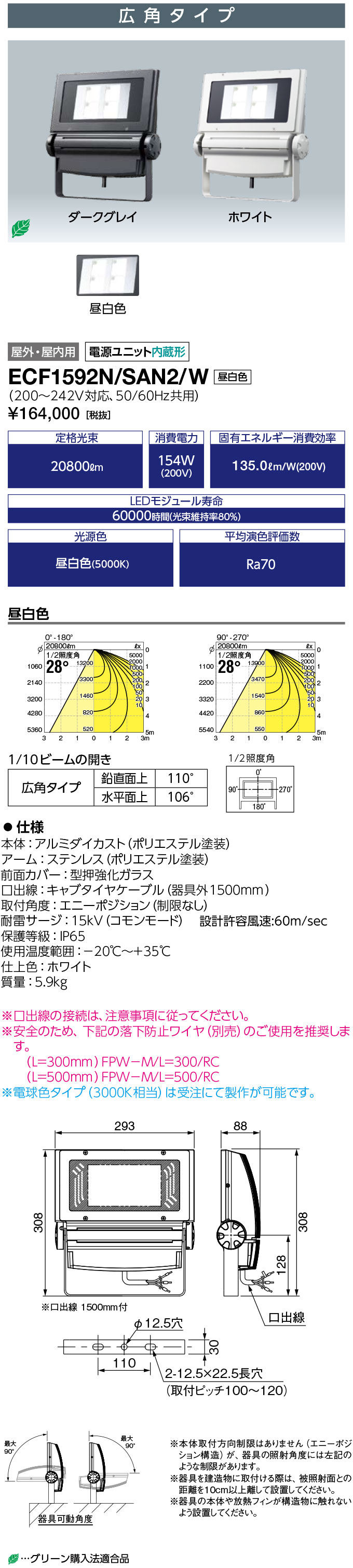 ポイント2倍 ECF1592N/SAN2/W (ECF1592NSAN2W) LED投光器 150クラス 広角タイプ 昼白色タイプ