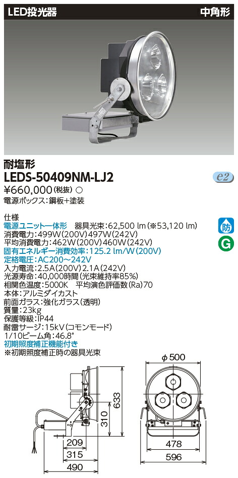 東芝 LEDS-50409NM-LJ2 (LEDS50409NMLJ2) ＬＥＤ写真用照明 中角形 耐塩仕様 受注生み出すこと品