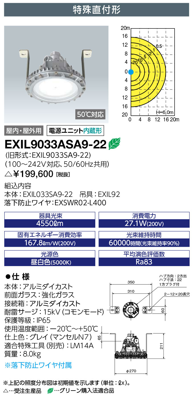 岩崎電気　EXIL9033SA9-22 LED防爆形照明器具 LEDioc EX DIO Z1　水銀灯 250W相当 特殊直付形　受注生産品　(EXIL9033SA922)