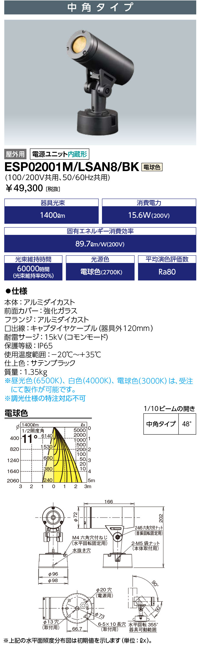 送料無料　ポイント2倍 岩崎電気 ESP02001M/LSAN8/BK (ESP02001MLSAN8BK) LED投光器 スポットライト LEDioc UNO (レディオック ウノ) フランジタイプ 20クラス 中角タイプ 電球色タイプ