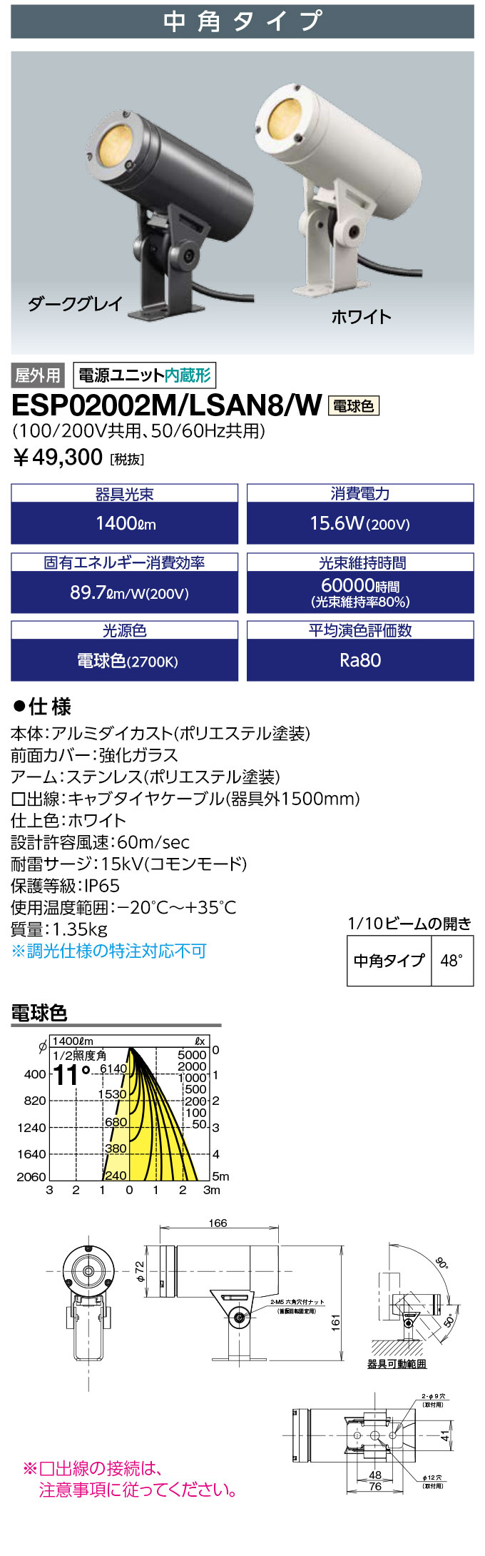 送料無料　ポイント2倍 岩崎電気 ESP02002M/LSAN8/W (ESP02002MLSAN8W) LED投光器 スポットライト LEDioc UNO (レディオック ウノ) アームタイプ 20クラス 中角タイプ 電球色タイプ