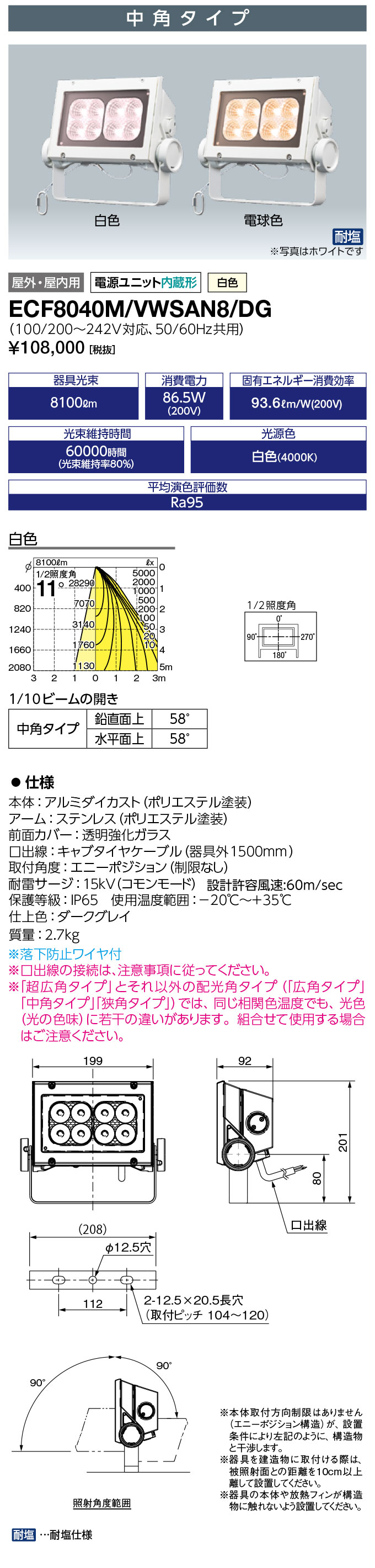 送料無料　ポイント2倍 岩崎電気 ECF8040M/VWSAN8/DG (ECF8040MVWSAN8DG) (ビヴィッド レディオック フラッド ネオ) 80クラス 中角タイプ 白色タイプ 旧形式：ECF0997VW/SAN8/DG
