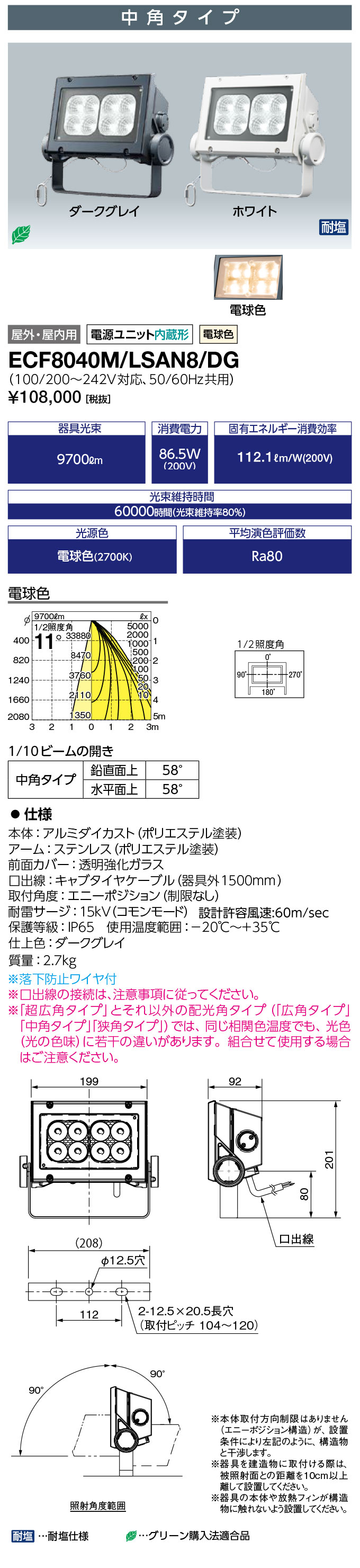 送料無料　ポイント2倍 岩崎電気 ECF8040M/LSAN8/DG (ECF8040MLSAN8DG) (レディオック フラッド ネオ) 80クラス 中角タイプ 電球色タイプ 旧形式：ECF0997L/SAN8/DG