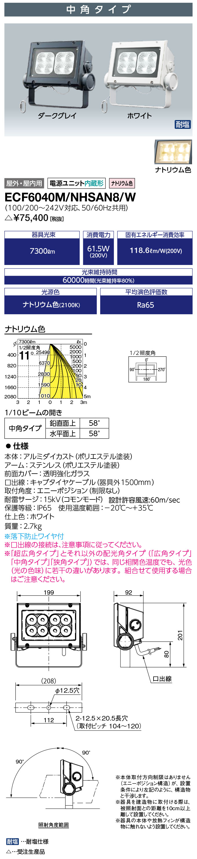 岩崎電気 ECF6040M/NHSAN8/W　LED投光器 LEDioc FLOOD NEO (レディオック フラッド ネオ) 60クラス 中角タイプ ナトリウム色タイプ (ECF6040MNHSAN8W) 受注生産品