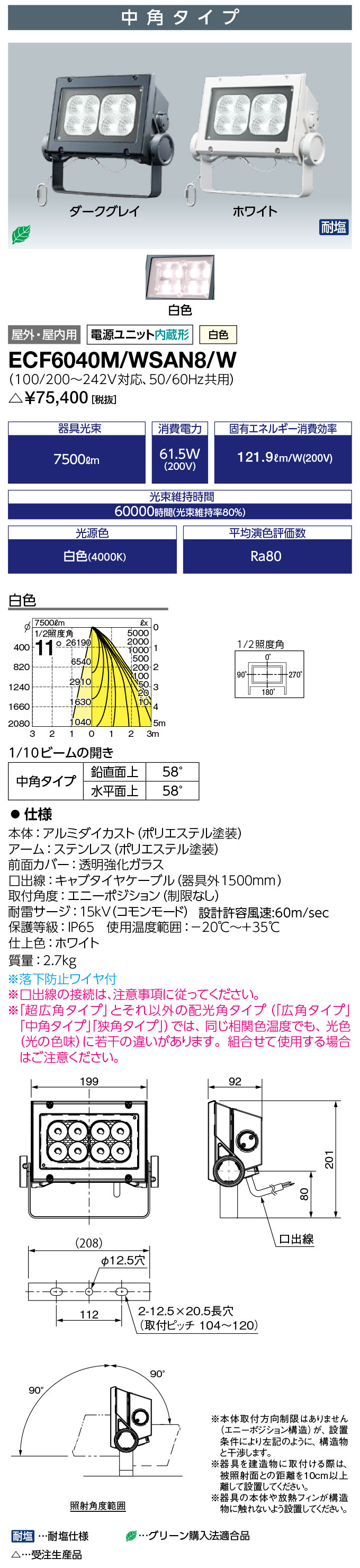 岩崎電気 ECF6040M/WSAN8/W　LED投光器 LEDioc FLOOD NEO (レディオック フラッド ネオ) 60クラス 中角タイプ 白色タイプ (ECF6040MWSAN8W) 受注生産品