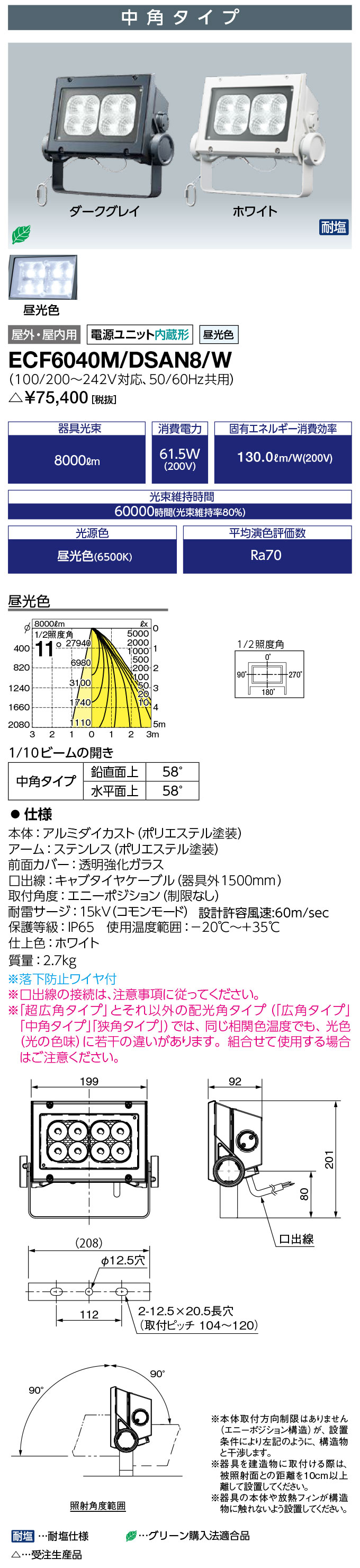 岩崎電気 ECF6040M/DSAN8/W LED投光器 LEDioc FLOOD NEO (レディオック フラッド ネオ) 60クラス 中角タイプ 昼光色タイプ (ECF6040MDSAN8W) 受注生産品