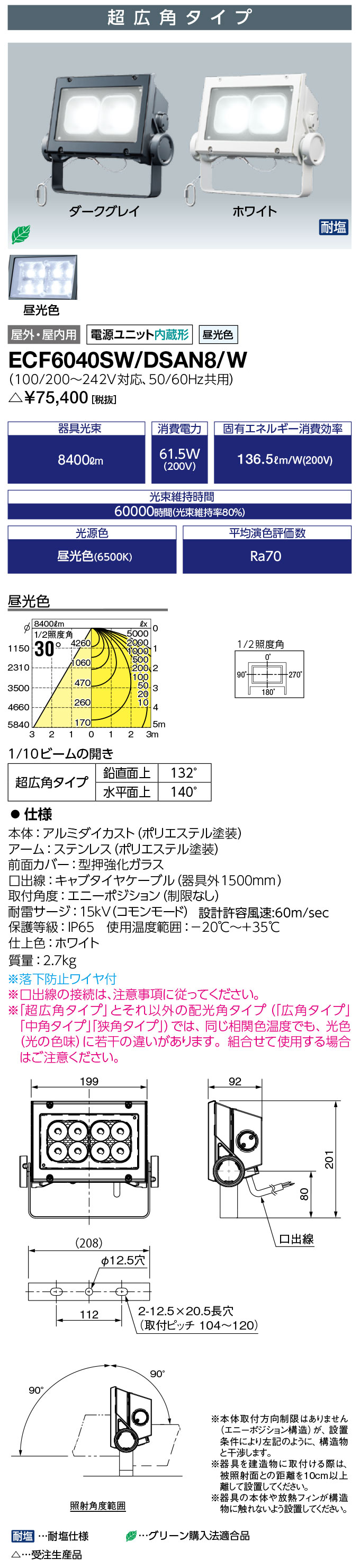 岩崎電気 ECF6040SW/DSAN8/W　LED投光器 LEDioc FLOOD NEO (レディオック フラッド ネオ) 60クラス 超広角タイプ 昼光色タイプ (ECF6040SWDSAN8W) 受注生産品