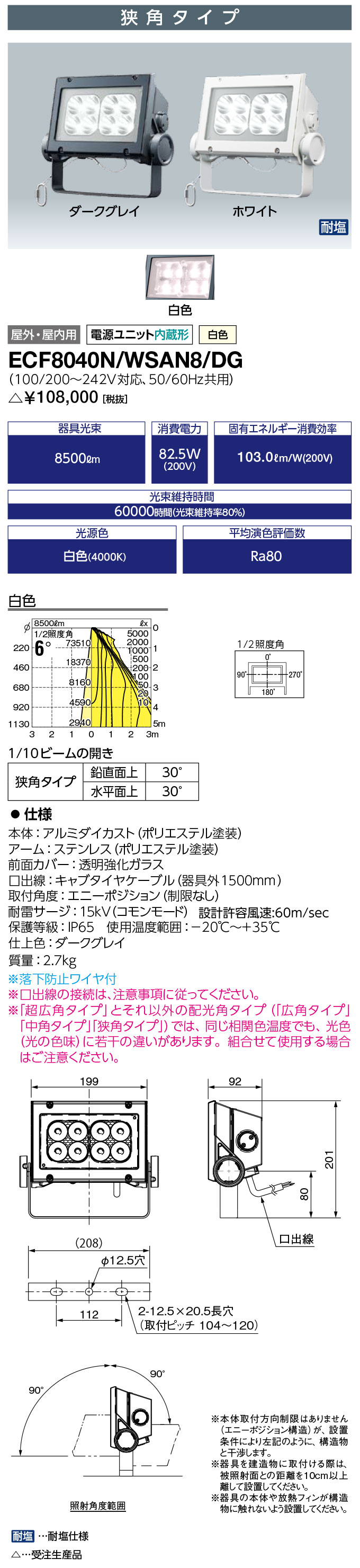 岩崎電気 ECF8040N/WSAN8/DG　LED投光器 LEDioc FLOOD NEO (レディオック フラッド ネオ) 80クラス 狭角タイプ 白色タイプ (ECF8040NWSAN8DG) 受注生産品