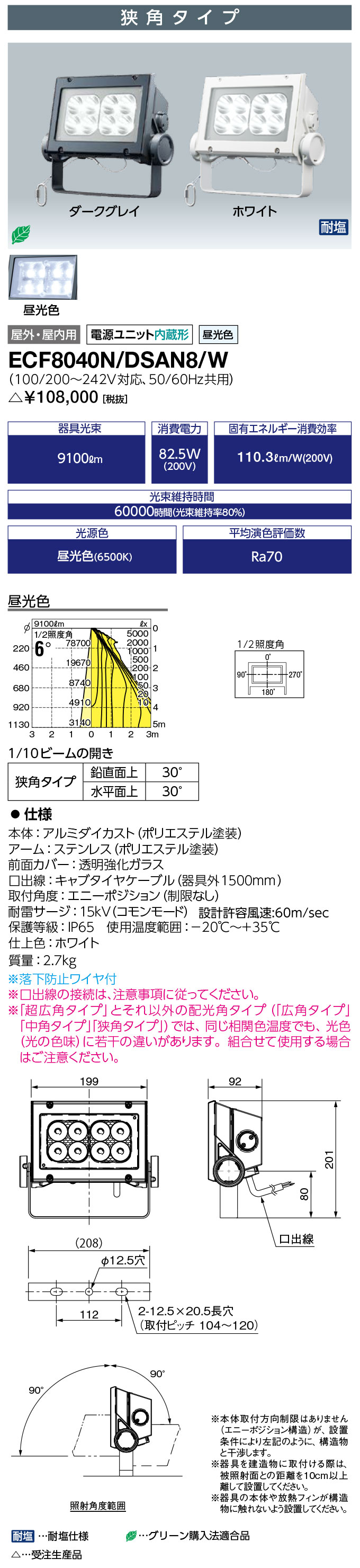 岩崎電気 ECF8040N/DSAN8/W　LED投光器 LEDioc FLOOD NEO (レディオック フラッド ネオ) 80クラス 狭角タイプ 昼光色タイプ (ECF8040NDSAN8W) 受注生産品