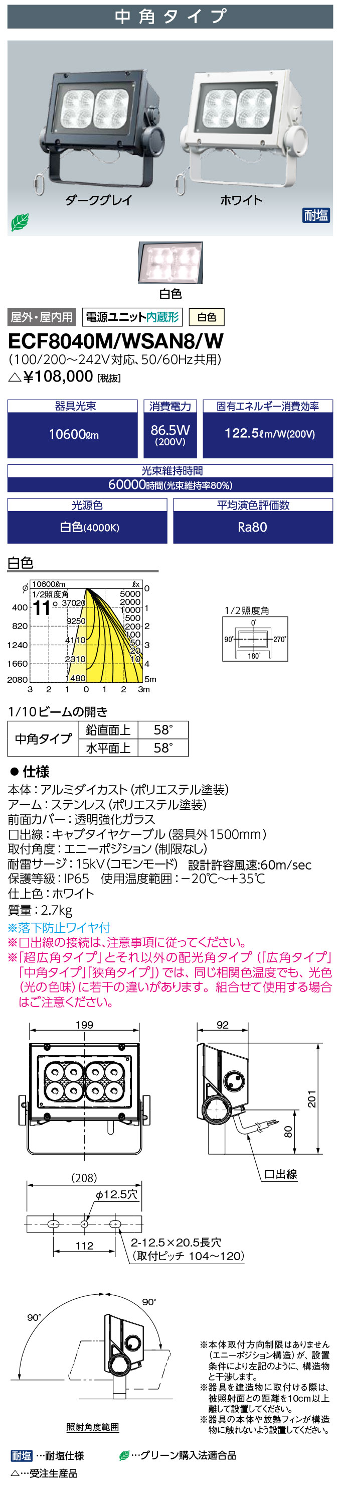 岩崎電気 ECF8040M/WSAN8/W　LED投光器 LEDioc FLOOD NEO (レディオック フラッド ネオ) 80クラス 中角タイプ 白色タイプ (ECF8040MWSAN8W) 受注生産品