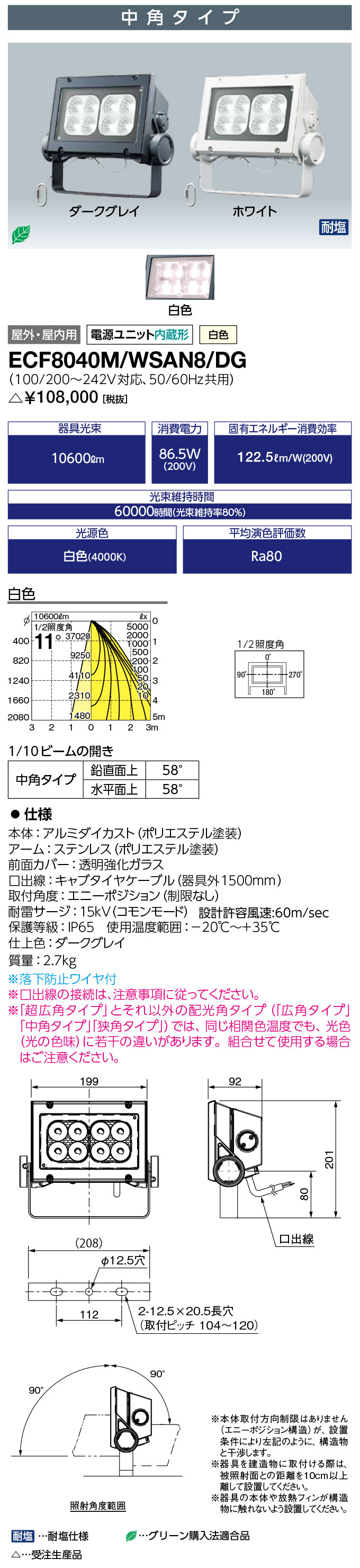 岩崎電気 ECF8040M/WSAN8/DG　LED投光器 LEDioc FLOOD NEO (レディオック フラッド ネオ) 80クラス 中角タイプ 白色タイプ (ECF8040MWSAN8DG) 受注生産品