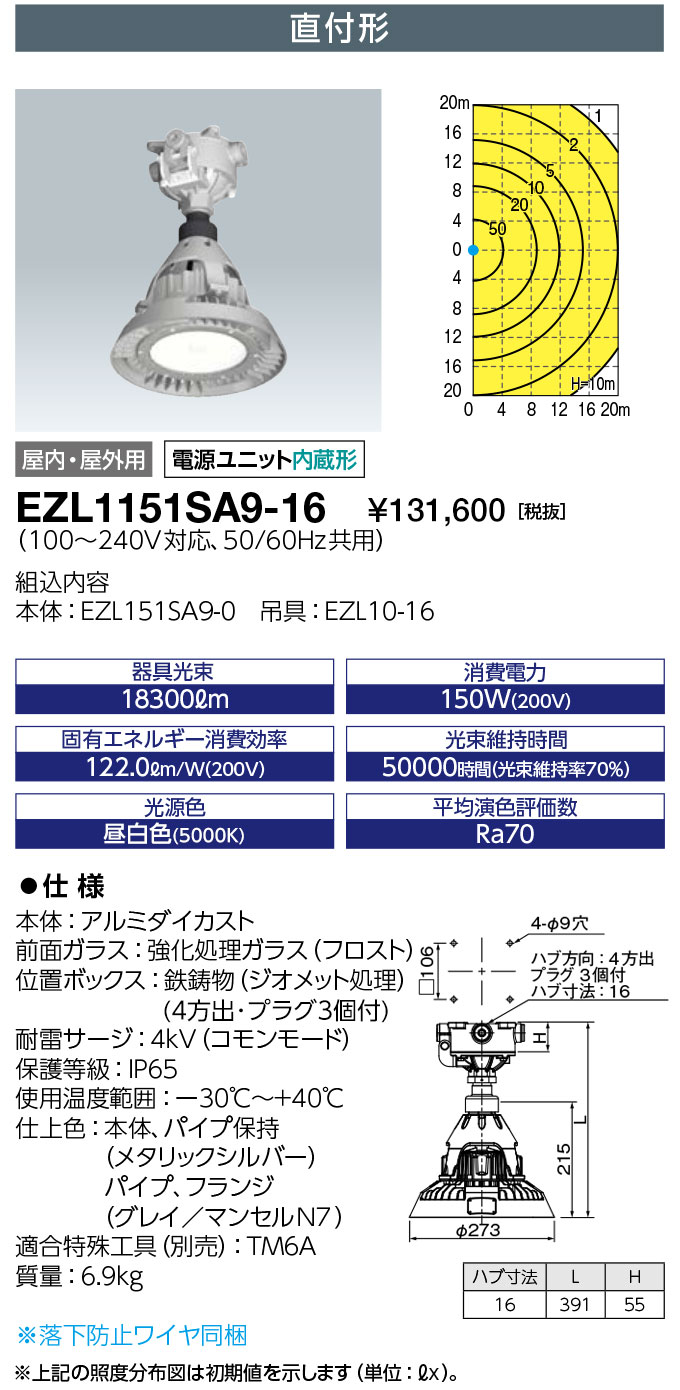 岩崎電気　EZL1151SA9-16　レディオック 密閉形LED高天井用照明器具 水銀灯700W相当 直付形 ハブ寸法16　(EZL1151SA916)