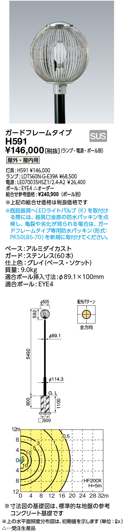 岩崎電気 H591 HID極点ともし火(標準尺度) ガードフレームタイプ ライト・照明器具-インテリア・寝具・収納