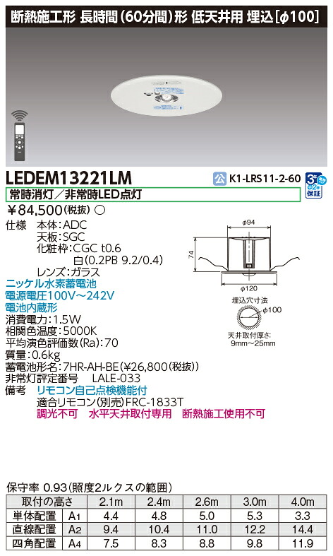 LEDEM13221LM (LEDEM13221LM) 低上昇限度用埋込長時間ＬＥＤ人並み外れた灯専用形 ＬＥＤ非常用照明装置手道具 (専用) ご申しつける後申し合わせ商いもの 【受注生み出すこと品】