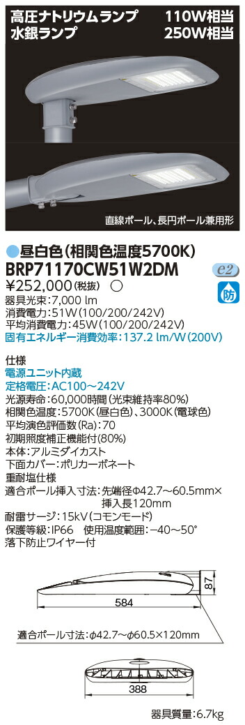 東芝 BRP71170CW51W2DM ＬＥＤ道路灯