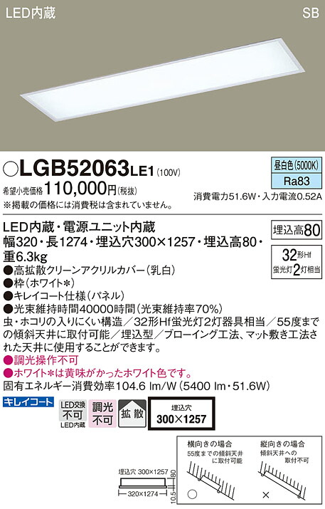 パナソニック LGB52063LE1 ＬＥＤ軍事基地点火装置直管３２形×２昼白いこと