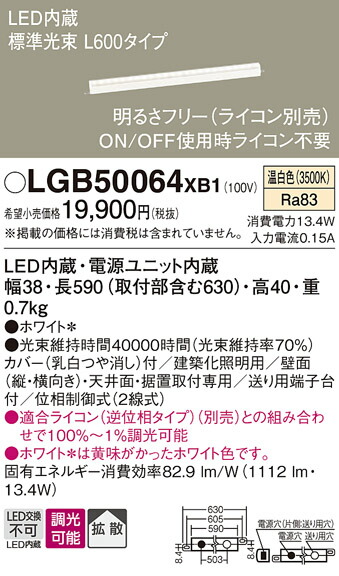 パナソニック LGB50064XB1 ベーシックラインライト Ｌ６００温白いこと