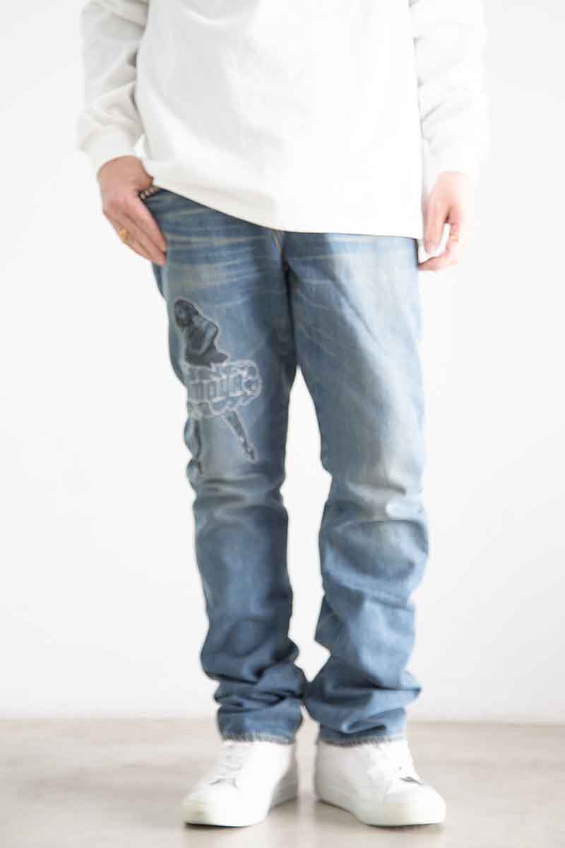貨物輸送無料 ボトムス HYSTERIC GLAMOUR ヒステリックグラマー VIXEN GIRL刺しゅう スリムストレートデニムパンツ / ライトインディゴ