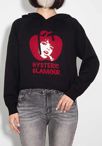 送料無料 トップス HYSTERIC GLAMOUR ヒステリックグラマー APPLE GIRL編込 パーカー / ブラック