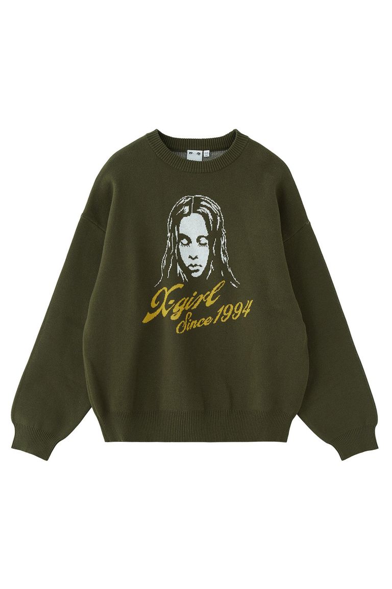 送料無料トップス X-girl エックスガール CURSIVE LOGO AND FACE JACQUARD KNIT TOP /オリーブ