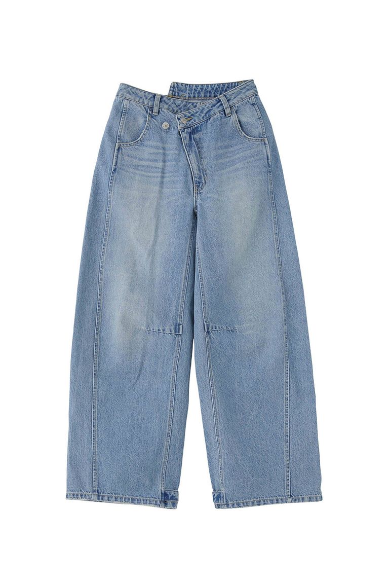 送料無料トップス X-girl エックスガールASYMMETRIC WAIST BARREL LEG DENIM PANTS / ライトインディゴ