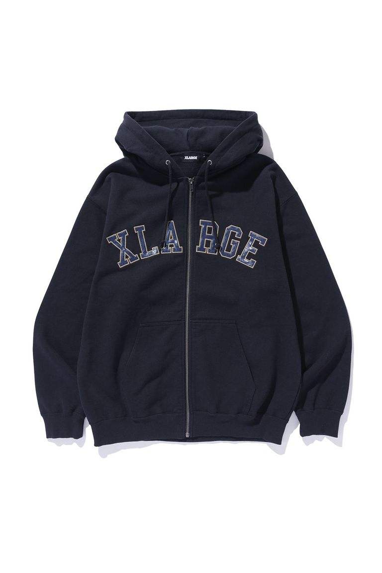 貨物輸送無料 トップス XLARGE エクストララージPERFORATED LEATHER LOGO ZIP UP HOODED SWEATSHIRT /  黒いこと